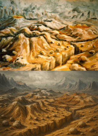 Mimozemská krajina 2 (asi někdy kolem roku 1997 - tempera) - mohla by být i na planetě brouků + AI korektura 2025